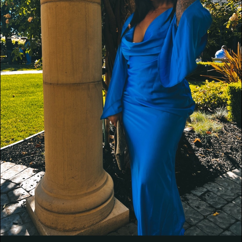 Blue flared arm silk beautiful dress